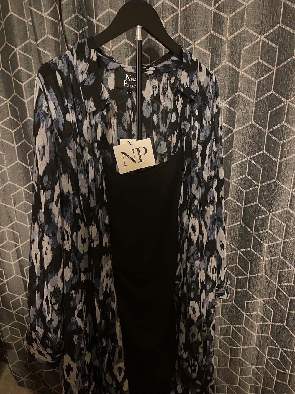 Nina Parker Blue & Black Printed button up sheer dress with short halter dress